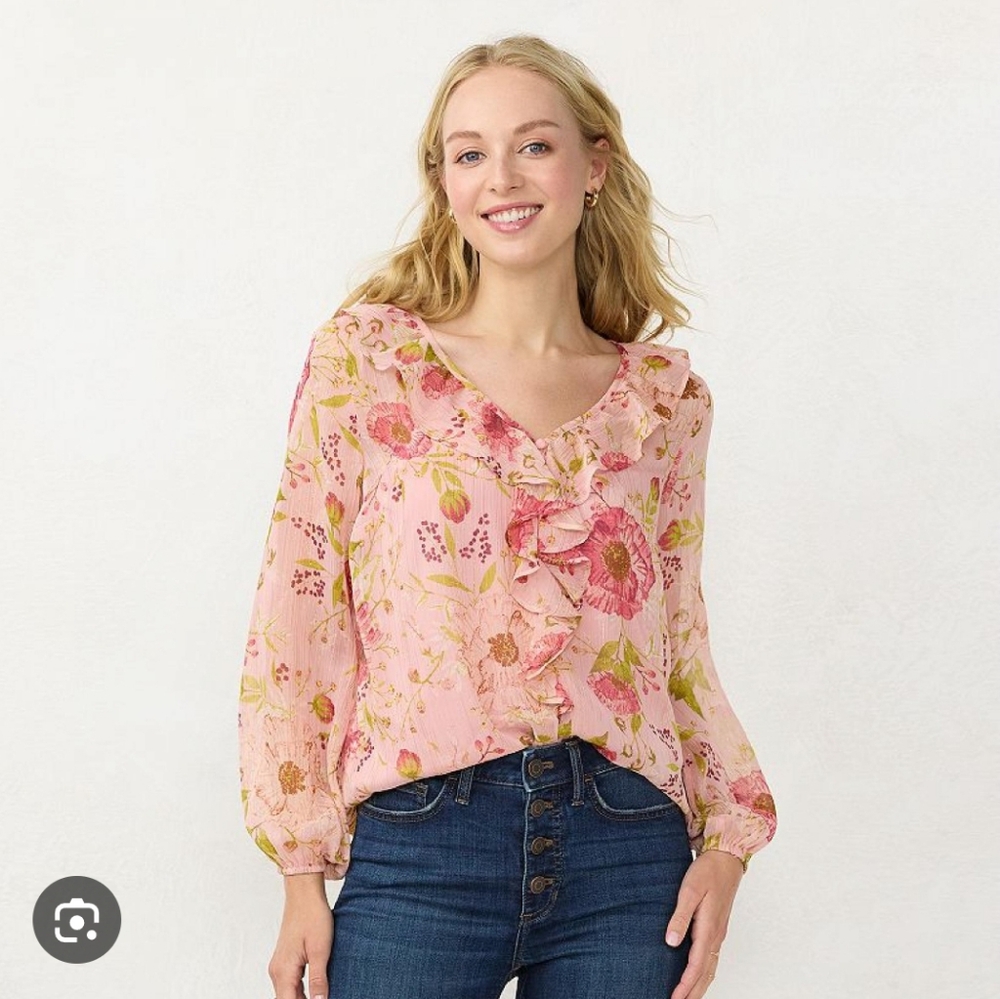 LC Lauren Conrad Pink Floral Ruffle Blouse
